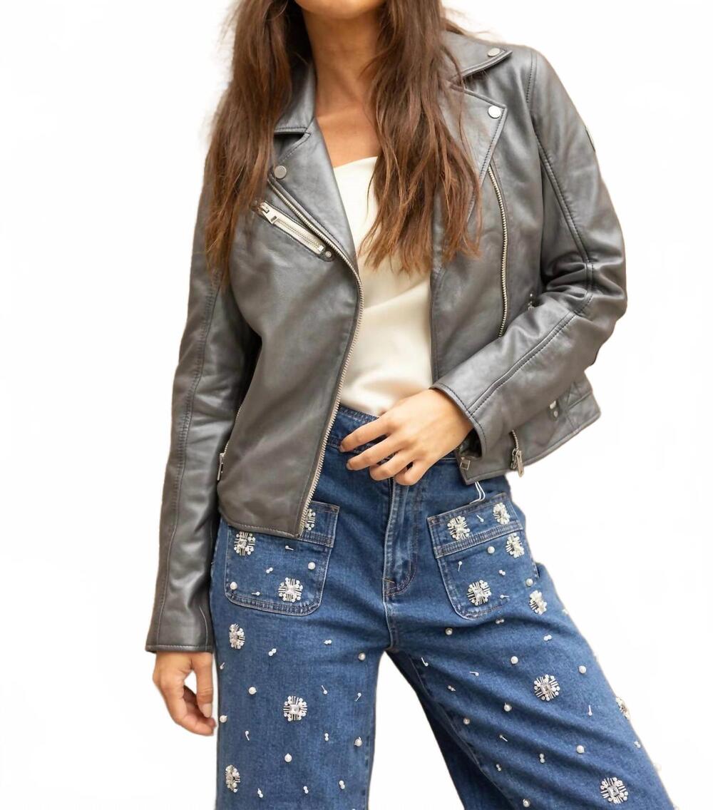 NEW MAURITIUS moto-style leather jacket in gunmetal grey